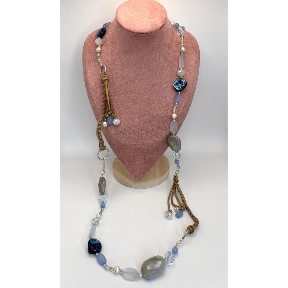 Chico’s Long Blue Acrylic Beaded Leather Braided Statement Boho 40” Necklace New